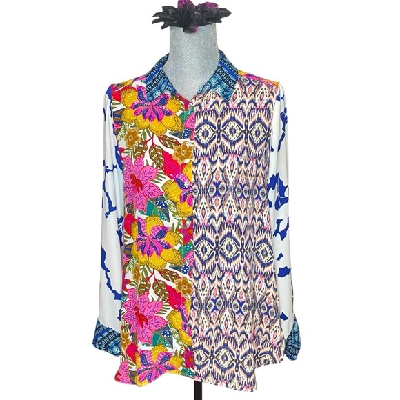 ROSE + OLIVE Blouse M Button Up Long Sleeve Mixed Media Top - Picture 1 of 12